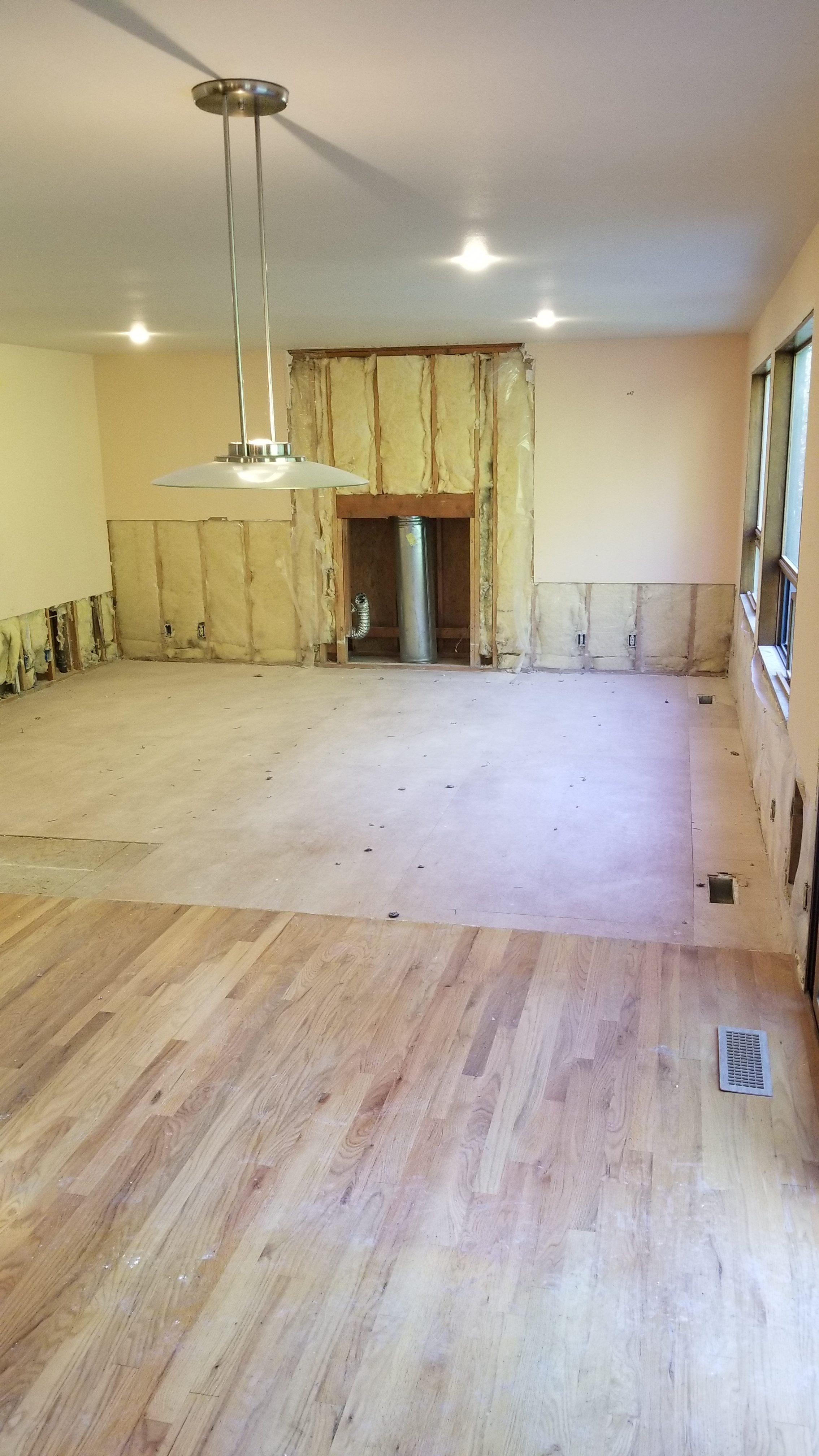 Sunken living room during demolition with subfloor exposed and walls stripped to framing and insulation