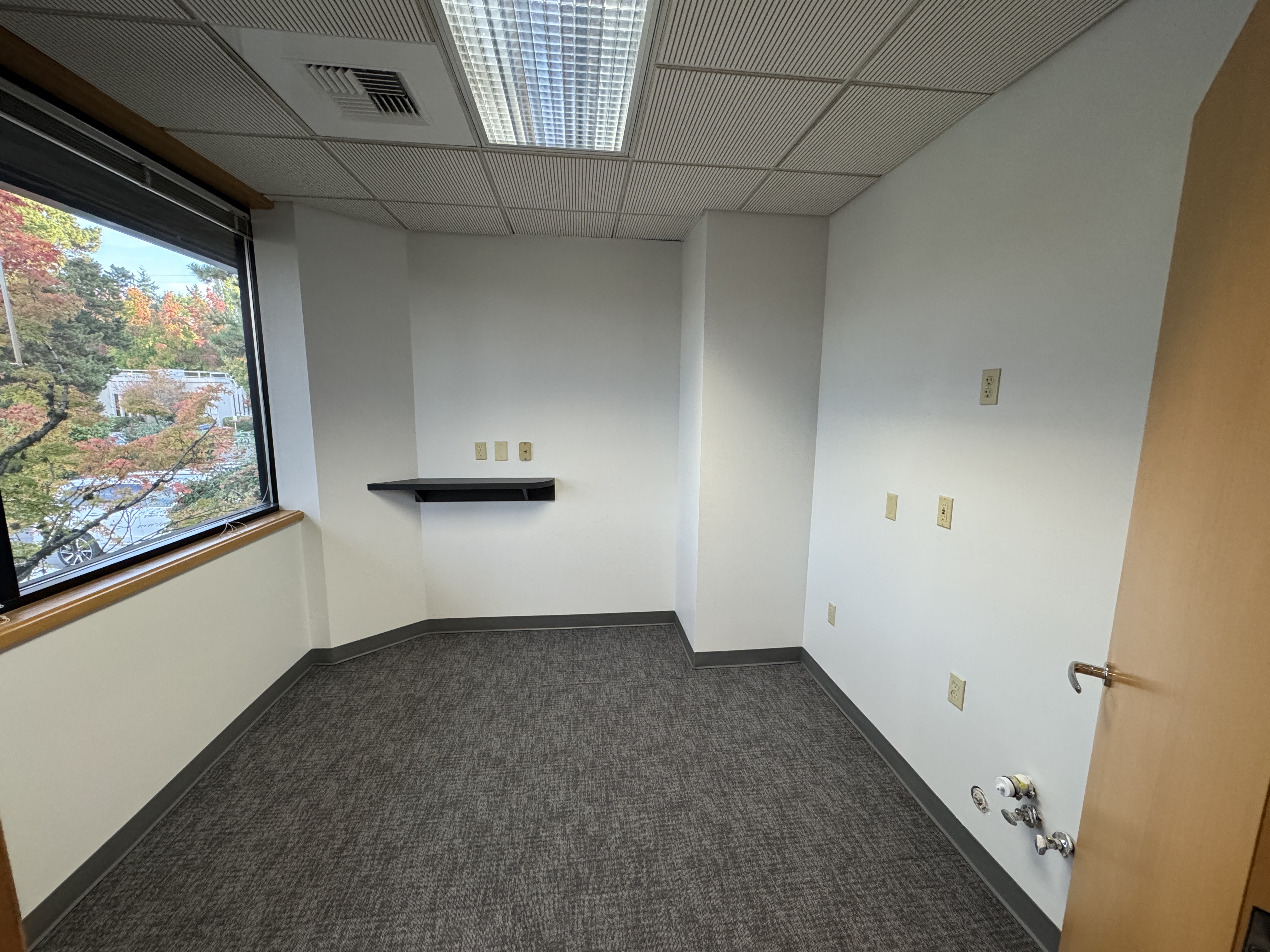 Bright reconfigured workspace with sliding glass entry and new carpet after tenant improvement