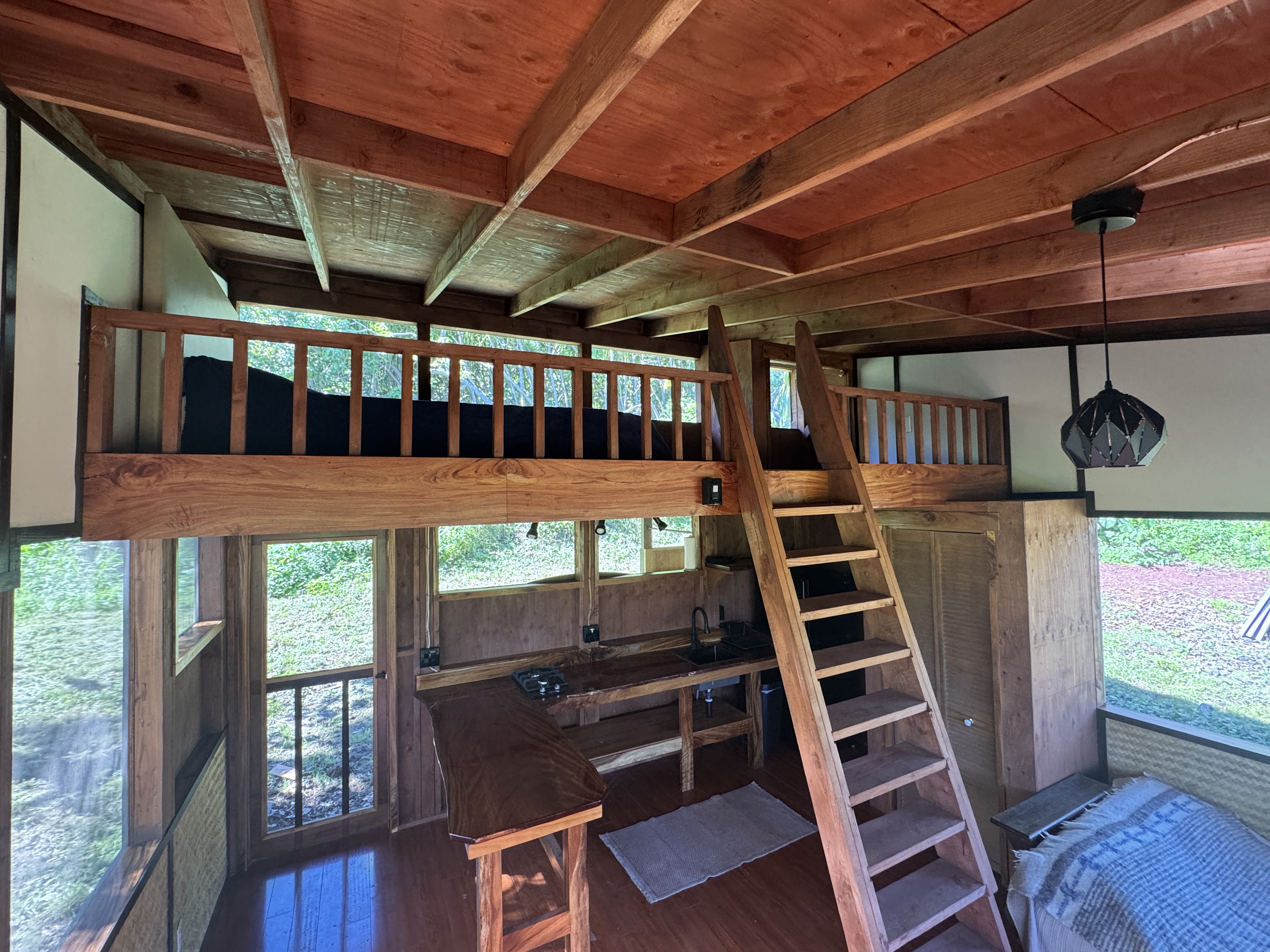 Wide interior of a finished cabin showing hardwood floors, a sleeping loft with a handmade ladder, and light pouring through screened walls