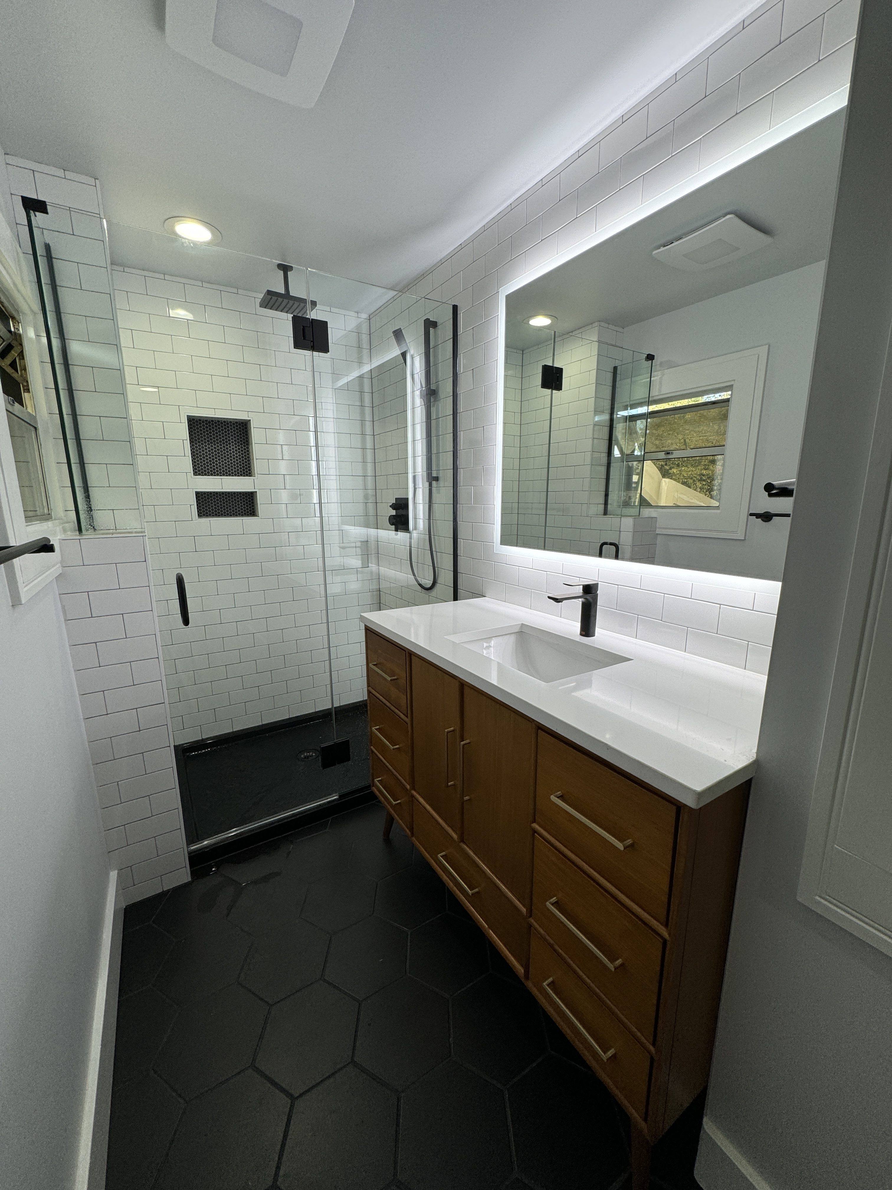 Bathroom after remodel with new tile and fixtures, Seattle Eastside