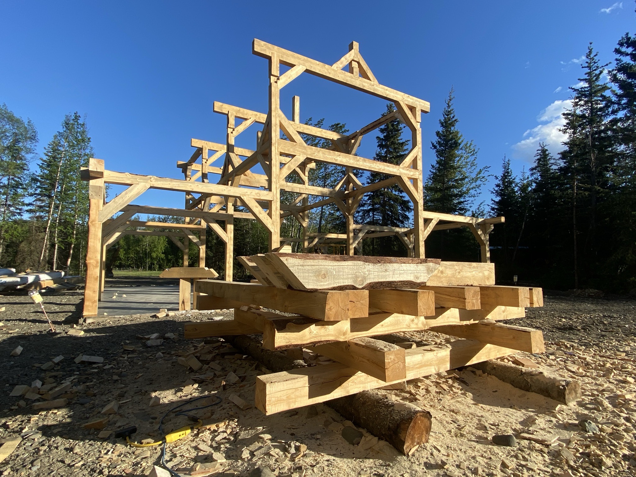 Exposed timber roof framing seen from inside the second-story studio loft
