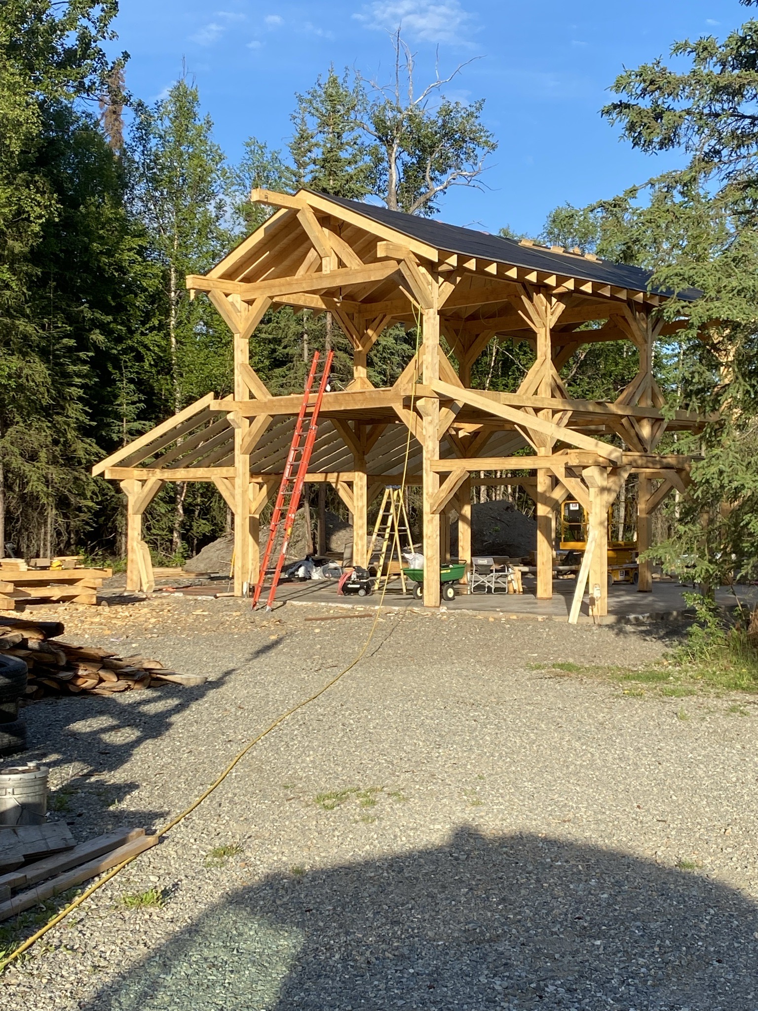 Finished hand-cut timber-frame barndominium exterior in Snohomish