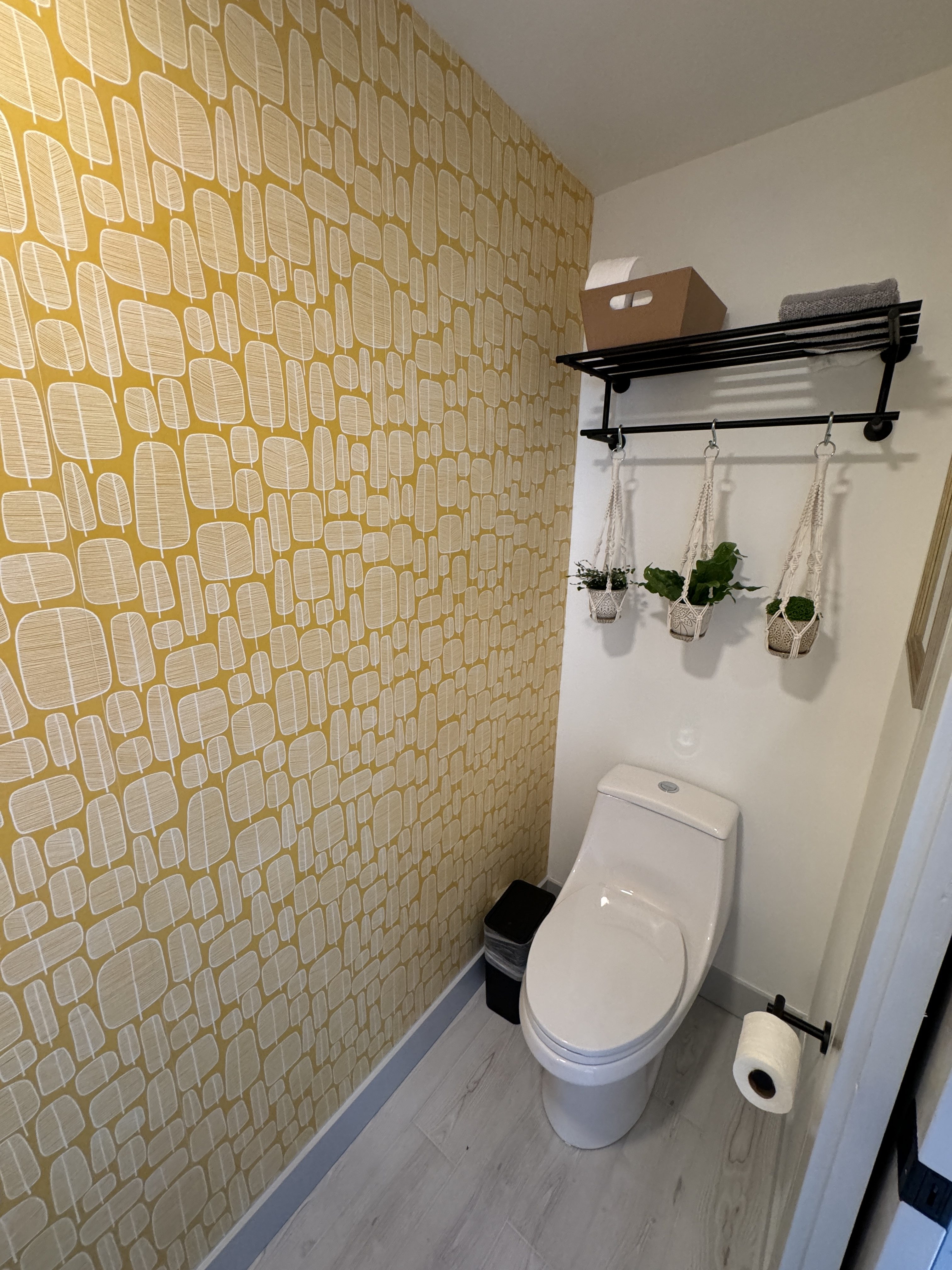 Guest powder room with a one-piece TOTO toilet, open black shelving, and hanging plants against a patterned feature wall