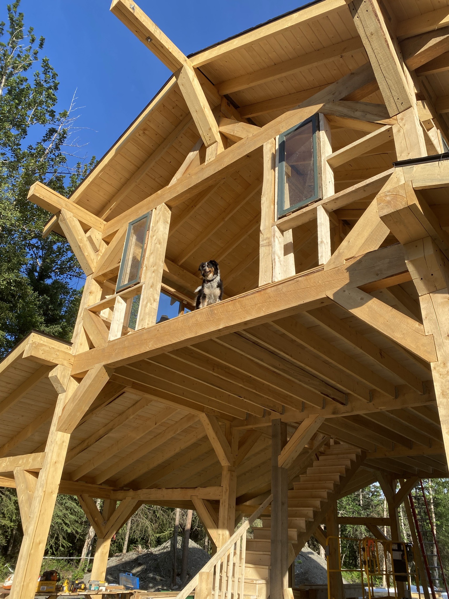 The completed timber frame barndominium standing in evening light in the Snohomish forest