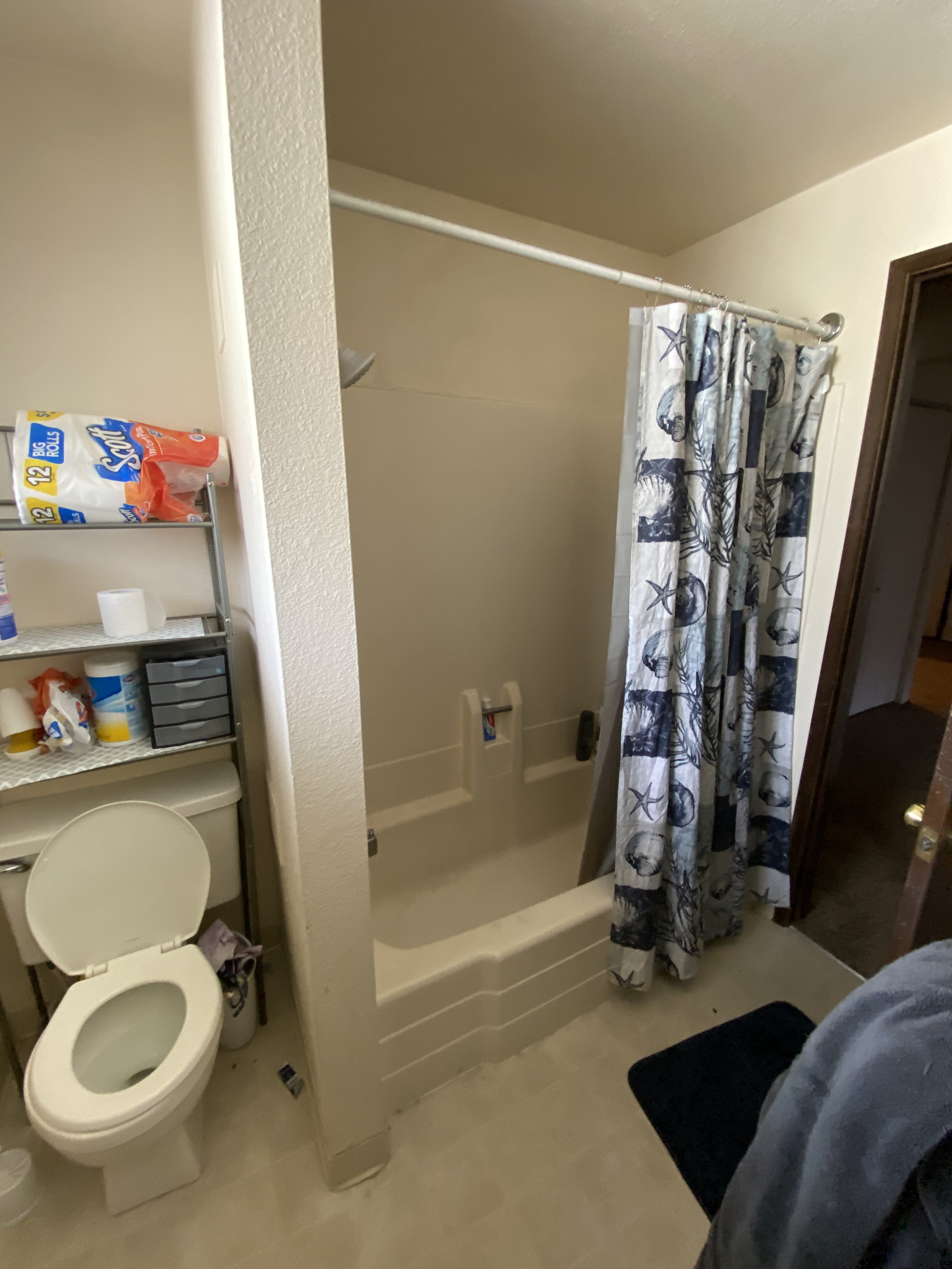 Old apartment bathroom with dated tub surround before renovation in Kirkland